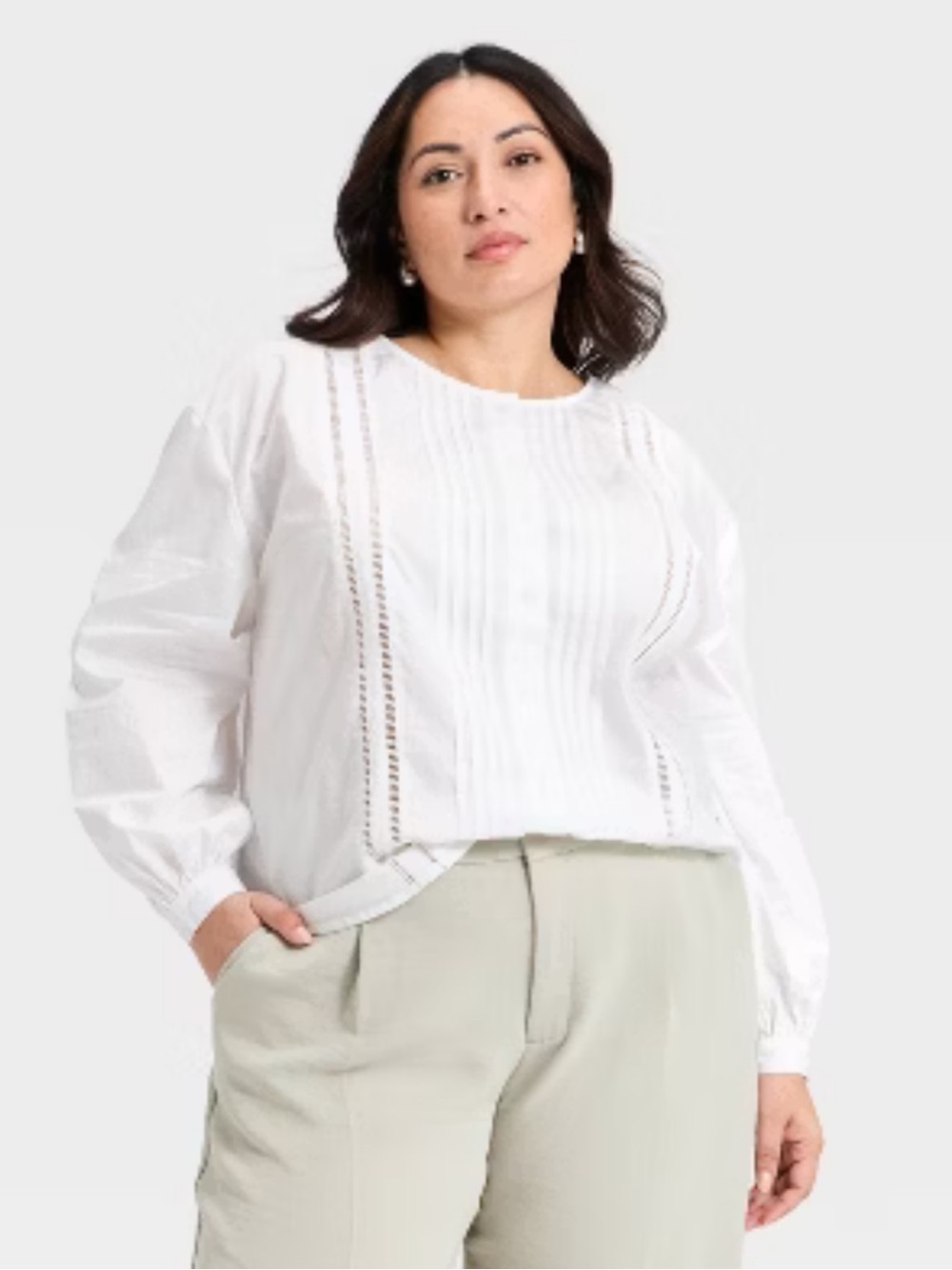 a new day White Button Front Eyelet lace trim Blouse long baloon sleeve XXL